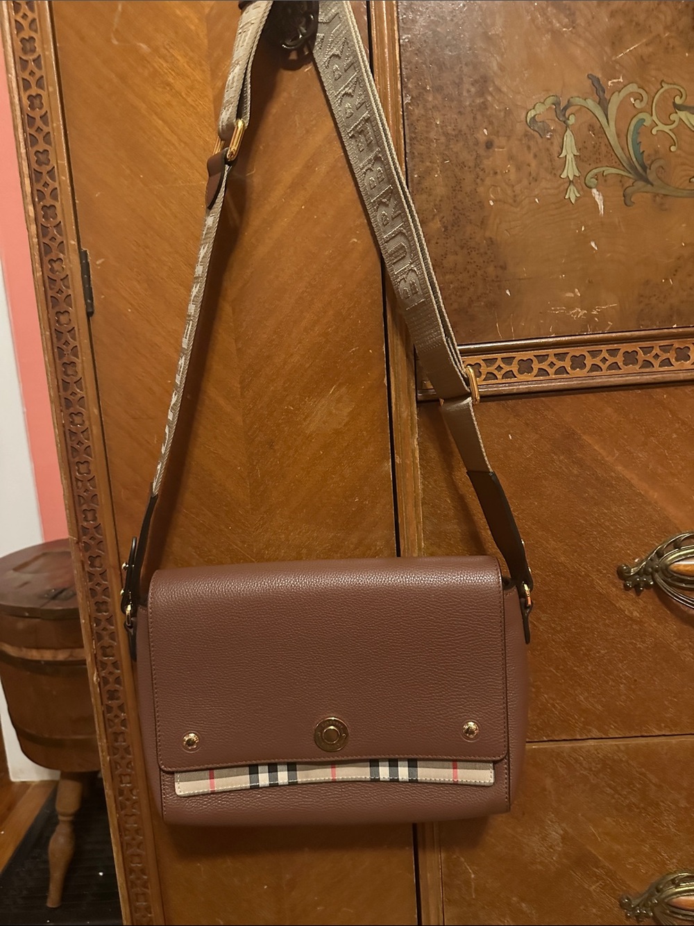 Burberry Brown Leather Crossbody with Signature Check Accent